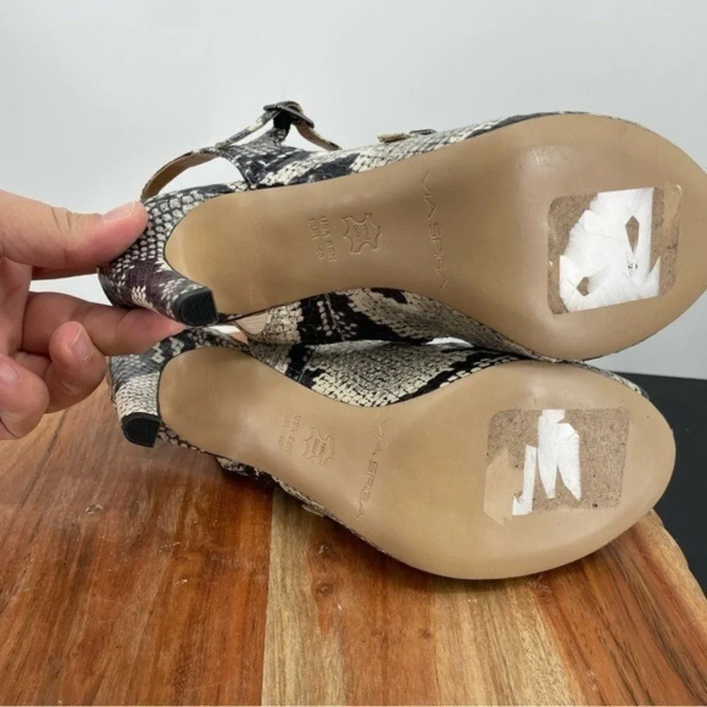 Via Spiga Roseanne‎ heel sandals size 8.5 black white snakeskin snake buckles
